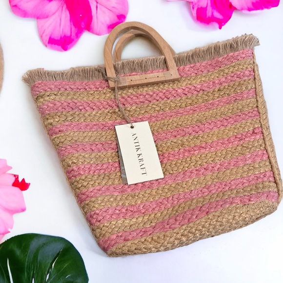 NWT Antik Kraft blush stripe jute tote bag - Picture 2 of 3